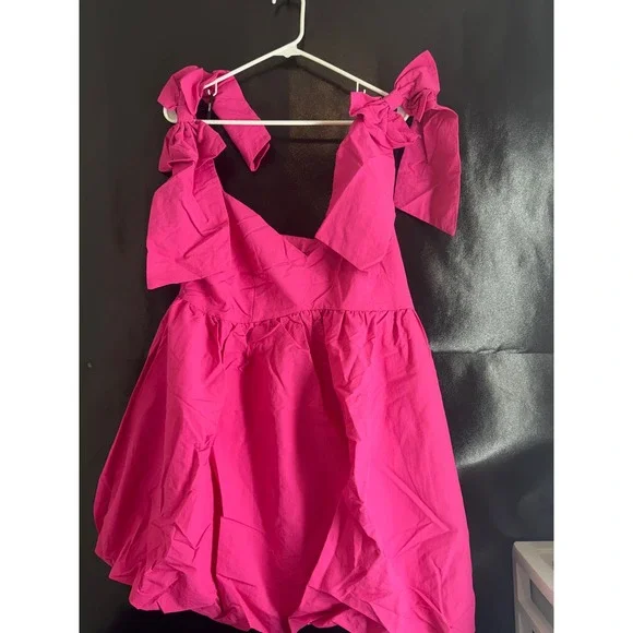 Forever 21 Plus Hibiscus Pink Bubble Hem Bow Shoulder Mini Dress 0X NWT - Picture 5 of 6